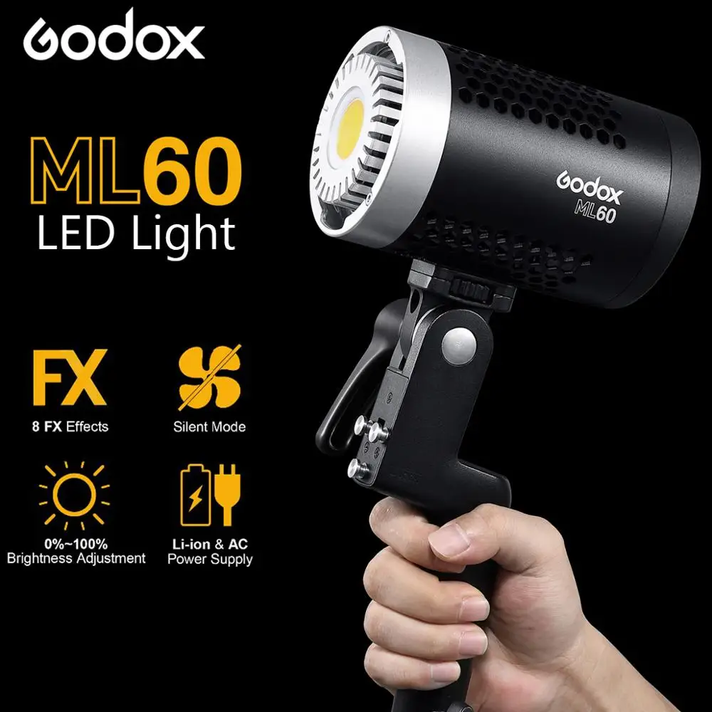 US $320.00 Godox ML60 60W LED Light Silent Mode Portable Brightness Adjustment Support LiIon With AC Power Supply Outdoor LED Light