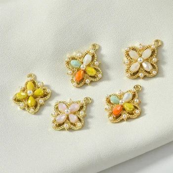 

Alloy Pearl Crystal Flower Clover of Four Leaves Pendant DIY Handmade Earrings Necklace Ornament Accessories Material 2pcs