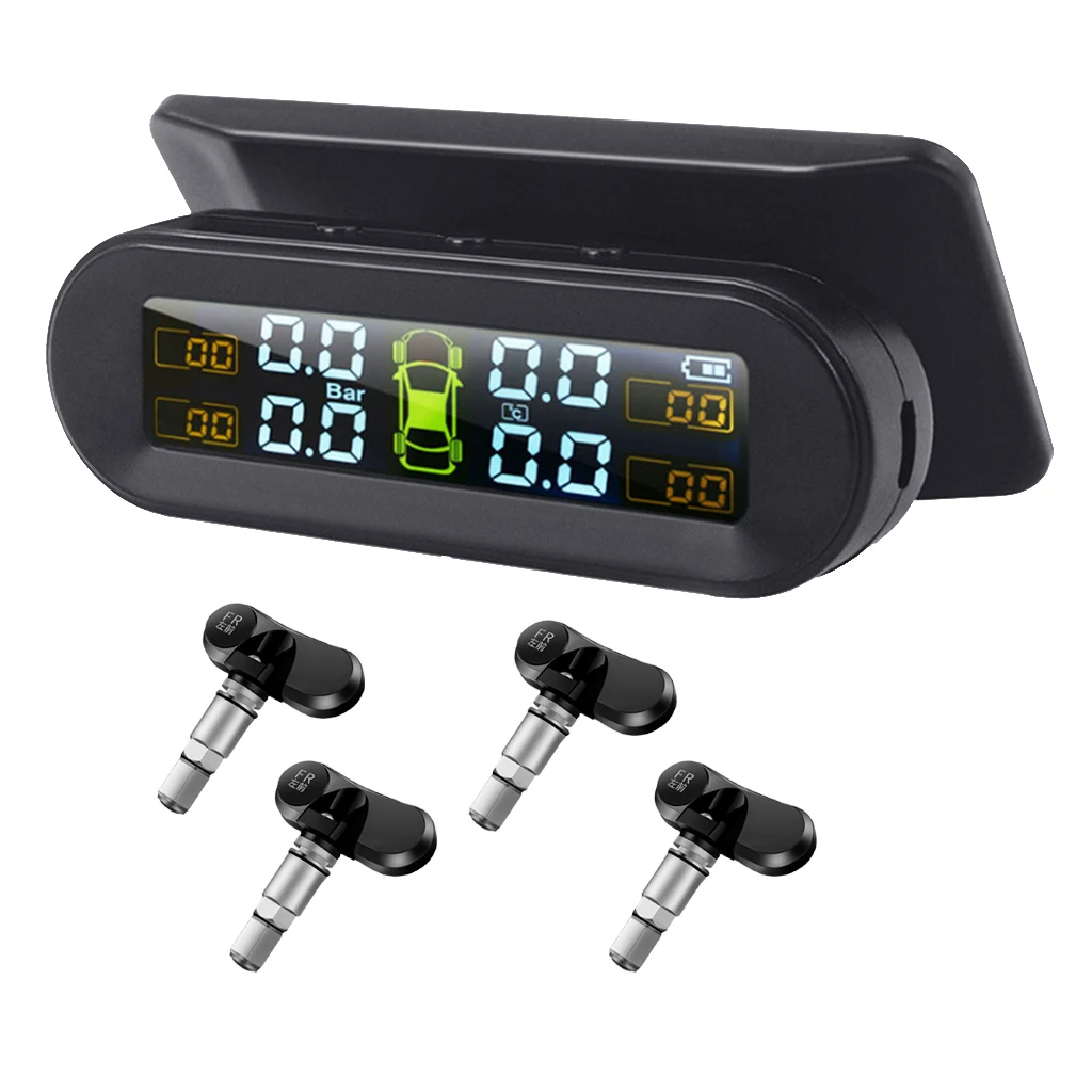 Car Tire Pressure Monitor + IPX-7 Sensors Solar Power TPMS for RV Black