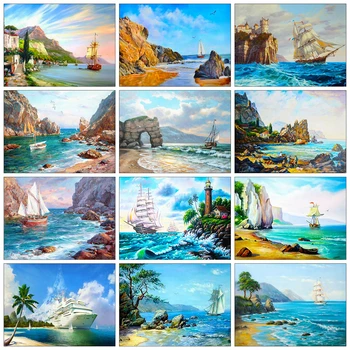 

Haucan Diamond Painitng 5d DIY Landscape Full Square Drill Diamond Embroidery Seaside Mosaic Ferry Craft Kits Home Decor