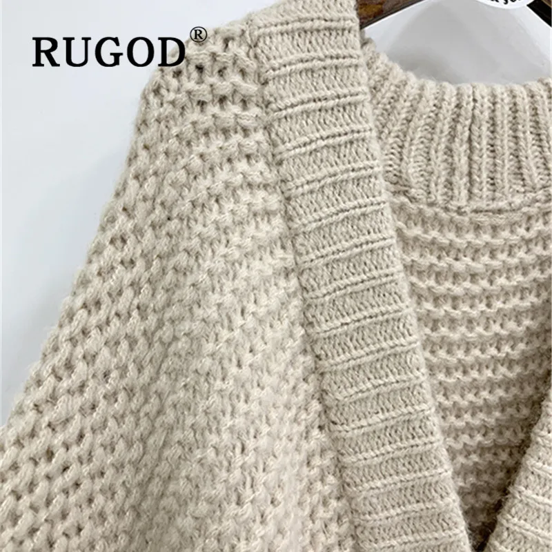 RUGOD, новинка, женский толстый вязаный свитер, корейский шик, Ins, популярное, ленивое, уютное пальто, v-образный вырез, длинные рукава-фонарики, негабаритный кардиган