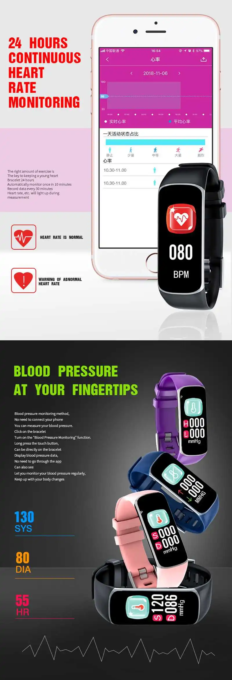Смарт-браслет, сенсорный экран, IP67, водонепроницаемые Смарт-часы, пульсометр, сон, кровяный кислород, фитнес-трекер, PK Honor Band 4 5