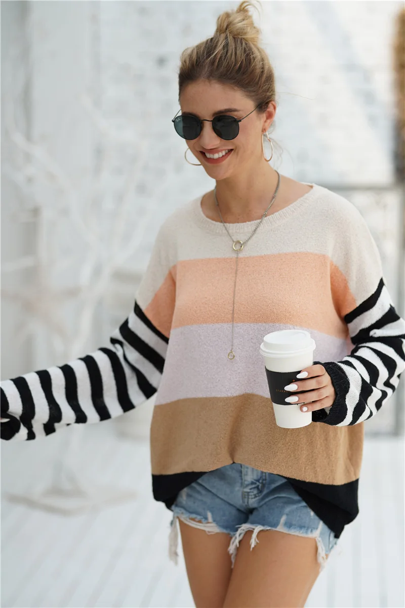 apricot Fitshinling Повседневные базовые свитера для женщин полосатый Boho праздник тонкий пуловер Трикотаж джемпер длинный рукав свитер женский - Цвет: apricot