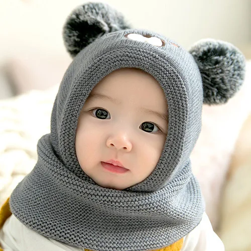 LOOZYKIT зимние теплые вязаные шапки с плюшевыми помпонами для новорожденных, Детская шаль с капюшоном для мальчиков и девочек, цельнокроеные шерстяные шапки С Рисунком Тигра - Цвет: Gray