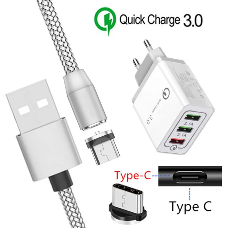 Magnetic USB Cable For Samsung Galaxy M30 A50 Sony Xperia 10 Plus XA2 XZ Redmi Note 7 Type C Magnet Charge QC 3.0 Fast Charger - Тип штекера: EU charger and cable