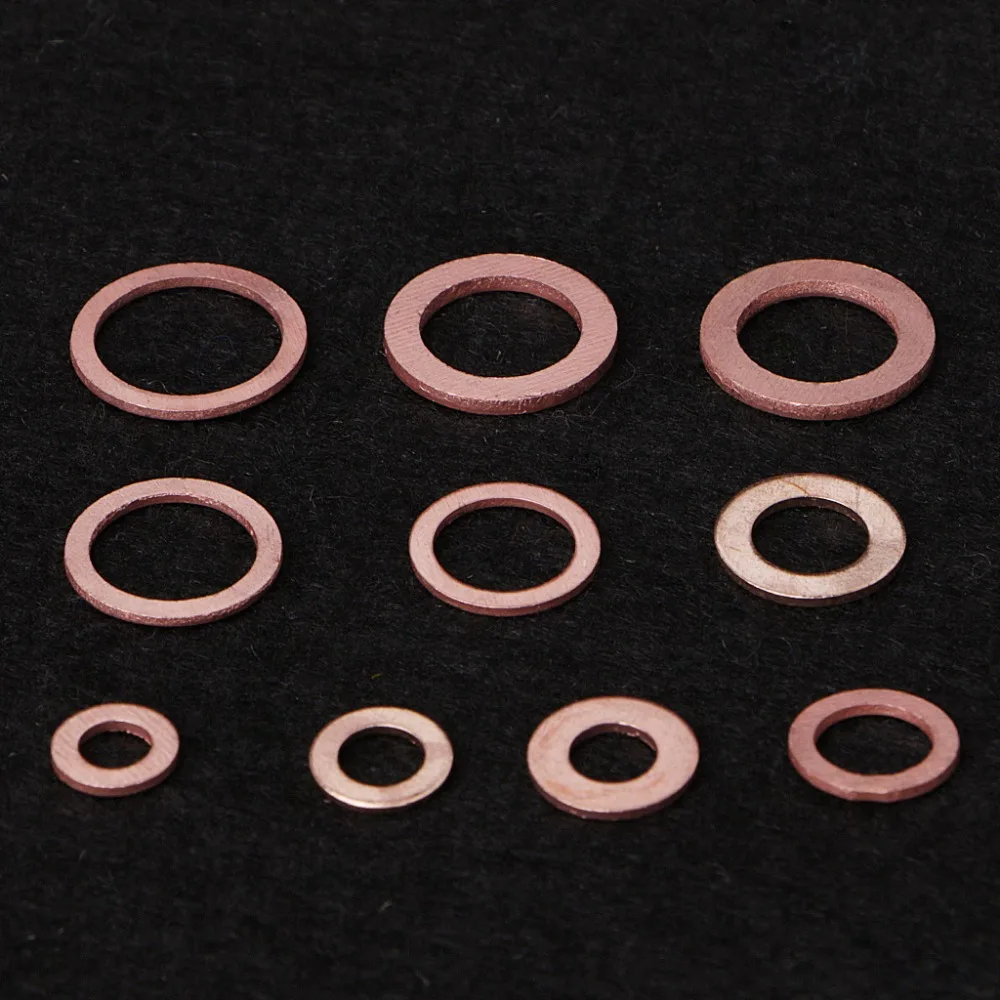 200PCS Copper Washers Gasket Set 9 Sizes Flat Ring Seal Kit With Plastic Box