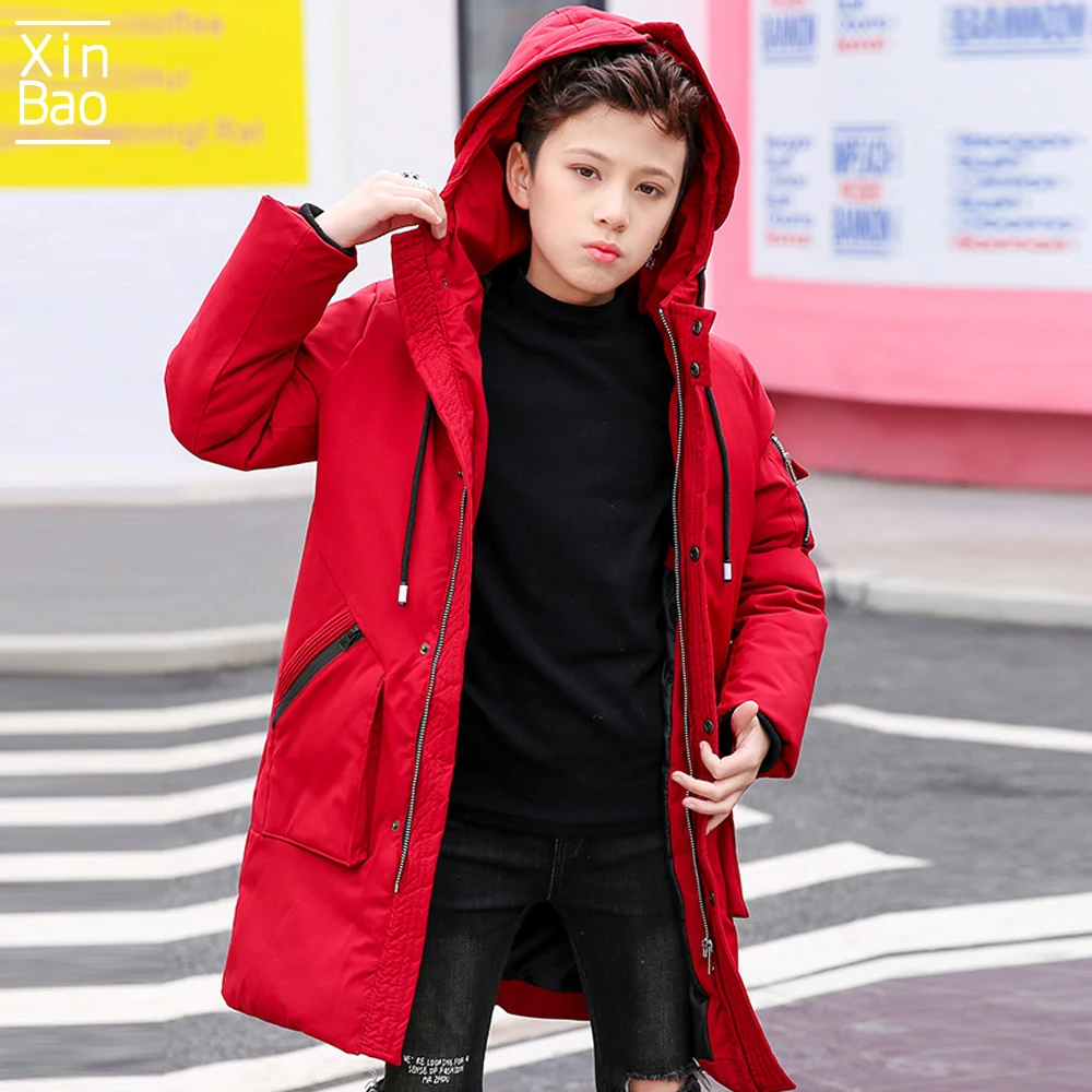 XINBAO/ г. Новая зимняя куртка для мальчиков пуховик, хлопок-30, теплое, уплотненное, водонепроницаемое, длинное пальто для детей, верхняя одежда стеганая, с капюшоном, для детей-подростков