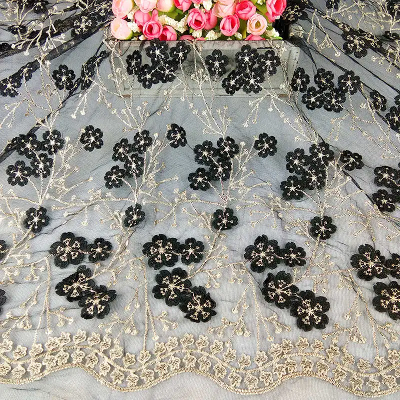 Новинка, 1 ярд, трехмерная Золотая шелковая вышивка, маленький цветок, сетка, кружевная ткань, сделай сам, платье, юбка, материалы для одежды - Цвет: 03 black