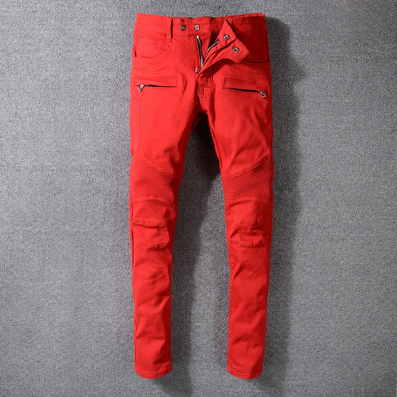

High Street Fashion Men's Jeans Spliced Slim Fit Cargo Pants Big Size 29-42 White Red Color Hip Hop Jeans Men Biker Jeans homme