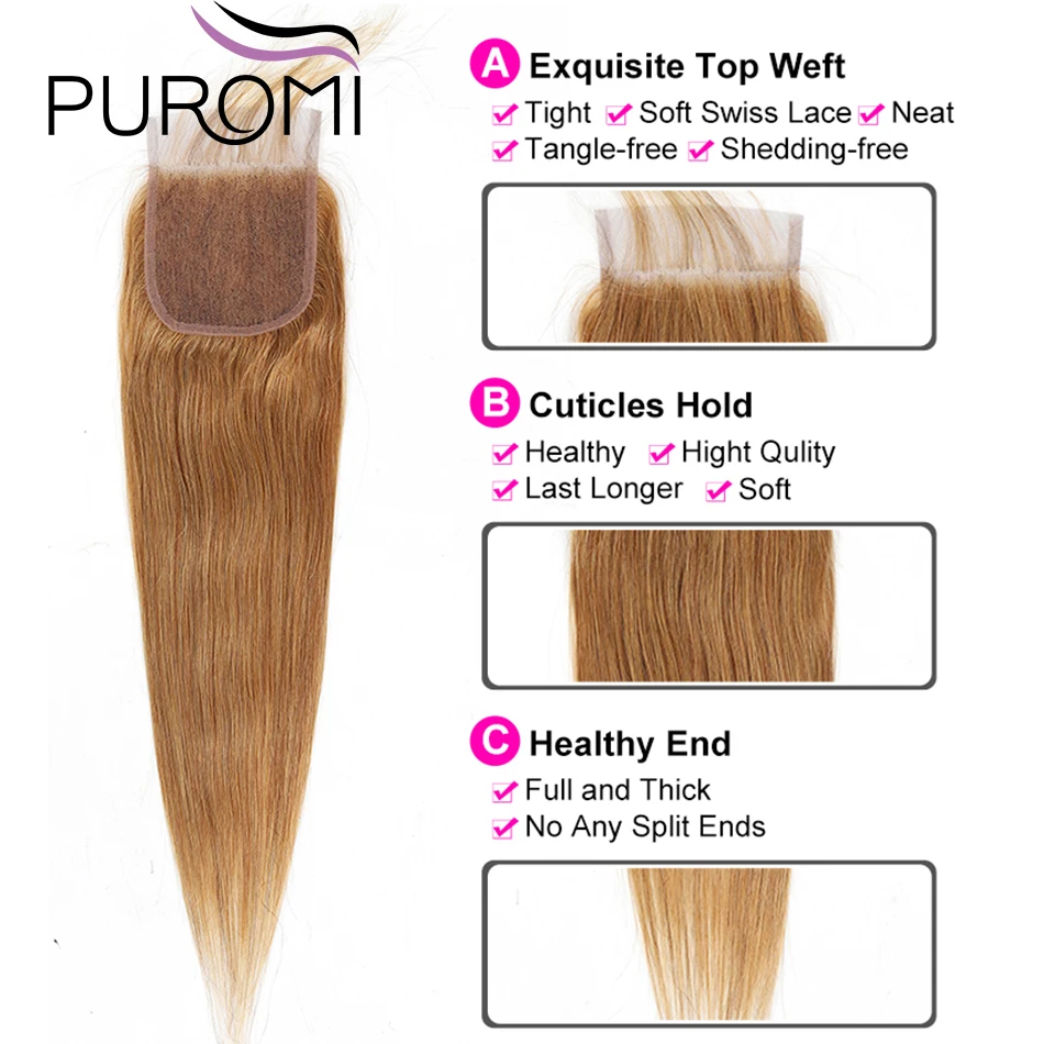 Puromi прямые волосы с закрытием Cheuveux humaine медовый блонд пряди с закрытием перуанские волосы 3 пряди не Реми