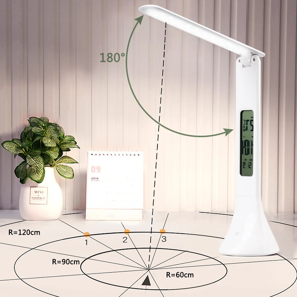 Светодиодный настольная лампа складная трогательно цифровой 3-уровня затемняемый Настольная лампа для чтения настольная лампа с часы-будильник с термометром Настольные календари