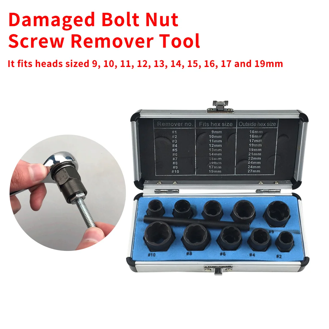 

10pcs Damaged Bolt Nut Screw Remover Extractor Set Nut Removal Socket Tool Threading With Box 9/10/11/12/13/14/15/16/17/19mm