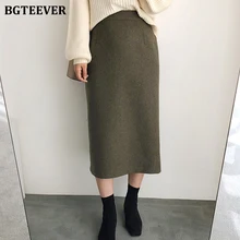 BGTEEVER, подходит ко всему, темно-зеленая, высокая талия, посылка, бедра, женские юбки, винтажные, теплые, средней длины, шерстяные, карандаш, женские юбки