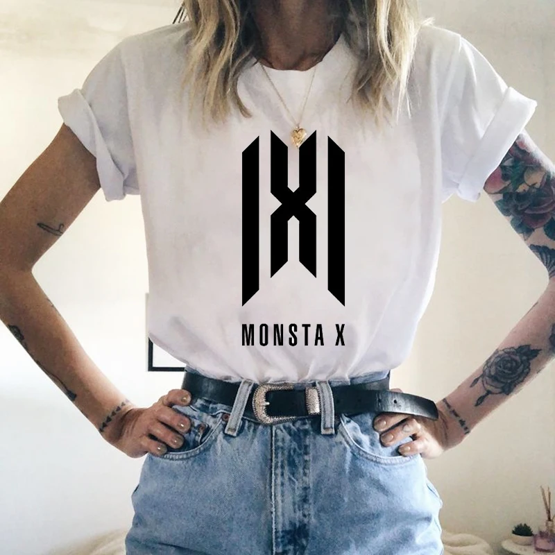 Женская футболка топы с принтом MONSTA X свободные футболки для девочек Harajuku большие