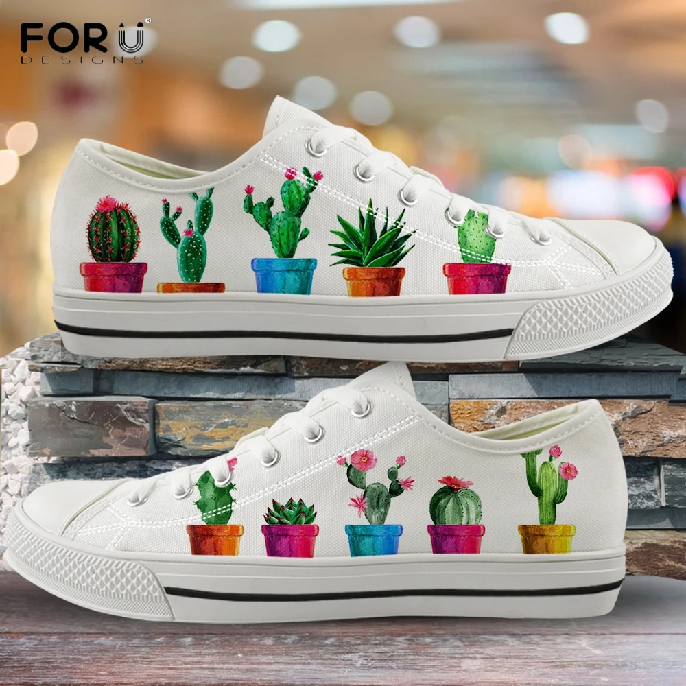 

FORUDESIGNS Green Plant Cactus Printed Sneakers for Woman Casual Low Top White Canvas Shoes Designer Ladies Plus Size 44 Shoe