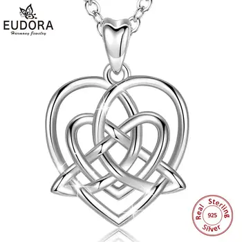 

EUDORA 100% real 925 Sterling Silver Celtic knot Pendant Fine love Knot Heart Necklace good luck fine Jewelry For Lady girl D211