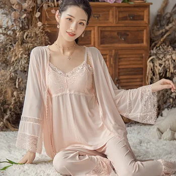 

Autumn New Ladies Nightwear Three-piece Sexy V-neck Stitching Printed Sling Trousers Nightsuit Long-sleeve Loose Home Nightrobe
