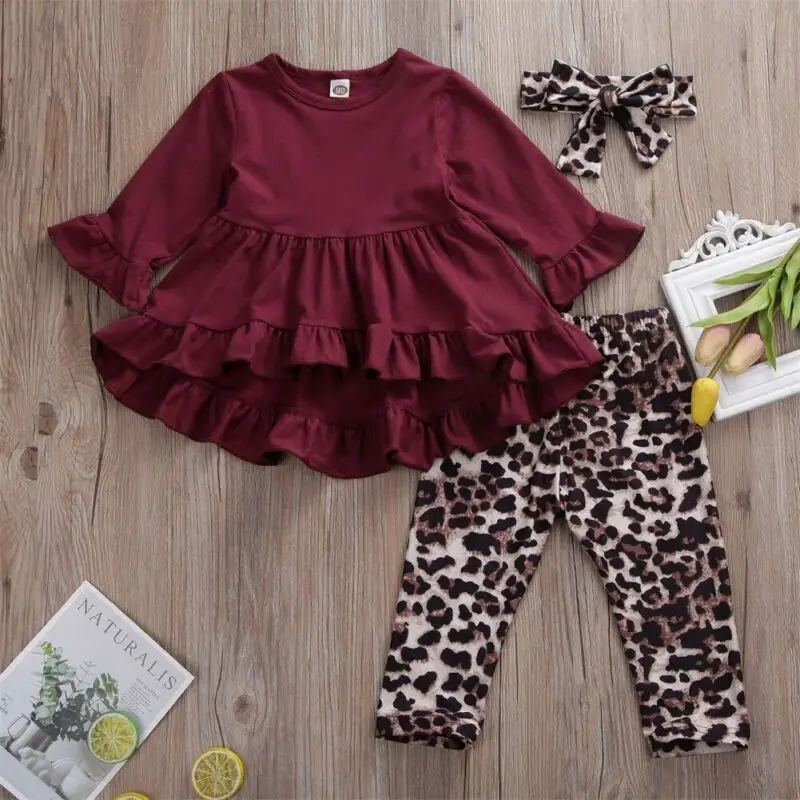 Комплект одежды для маленьких девочек, г., наряд футболка с длинными рукавами винно-Красного цвета платье с топом леопардовые штаны повязка на голову, одежда из 3 предметов
