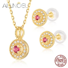 ALLNOEL, 925 пробы, Серебряный набор, натуральный розовый турмалин, изумруд, настоящая позолота, свадебные, обручальные ювелирные наборы для женщин