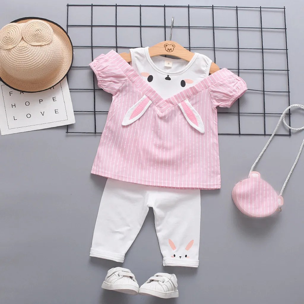 Комплект из топа с короткими рукавами и рисунком кролика для маленьких девочек+ штанов модная одежда для новорожденных