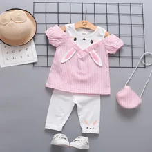 Комплект из топа с короткими рукавами и рисунком кролика для маленьких девочек+ штанов модная одежда для новорожденных