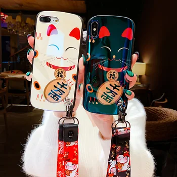 

For Huawei P30 P20 pro Fortune Cat Shield Case, Smooth Lucky Cat Soft cover For Huawei mate 30 mate20 nova 5 4 Maneki Neko+strap