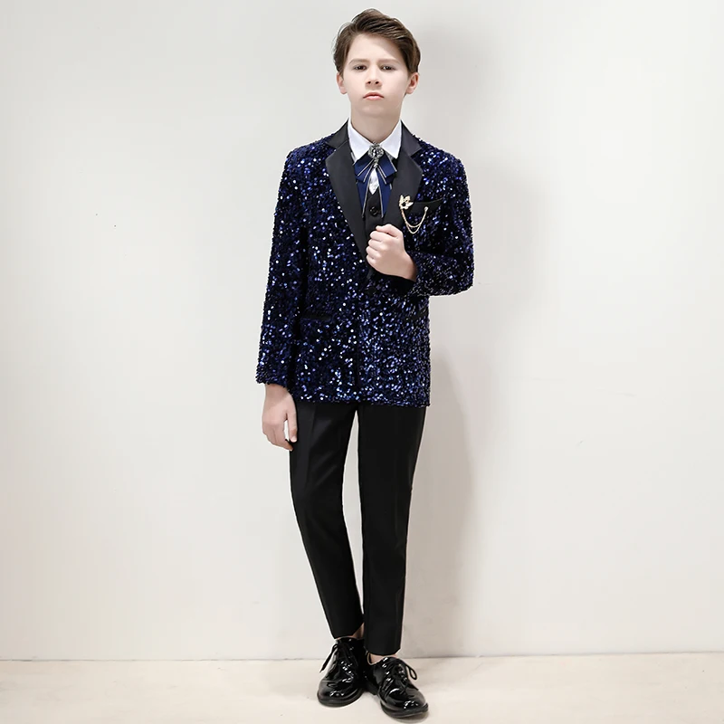 

Formal Children's Dress Suit Set Flower Handsome Host Catwalk Wedding Costume Kids Blazer Vest Shirt Pants Tie 5pcs Outfit