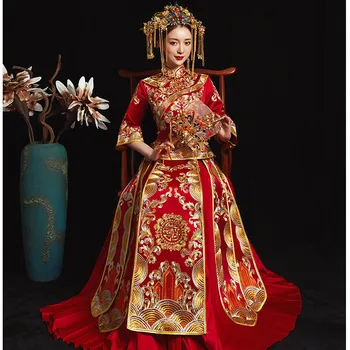 

Women Phoenix Embroidery Wedding Dress Bride Traditions Traditional Evening Gown Chinese Cheongsam Red Long Sleeve Qipao
