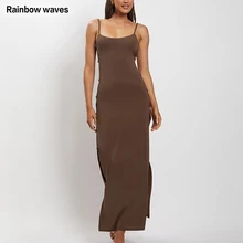 

Rainbowwaves Winter Dresses For Women 2021 Fashion Design Sexy Hollow Out High Split Bodycon Dress Party Street Brown Robe Dress