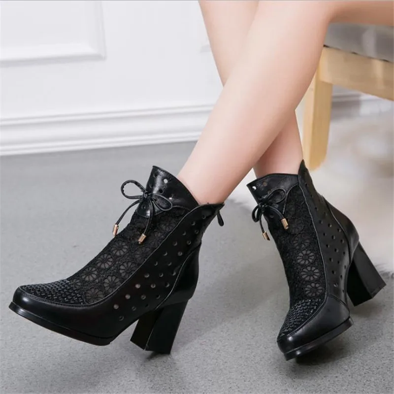 Женские ботильоны из натуральной кожи на шнуровке высоком устойчивом каблуке|women