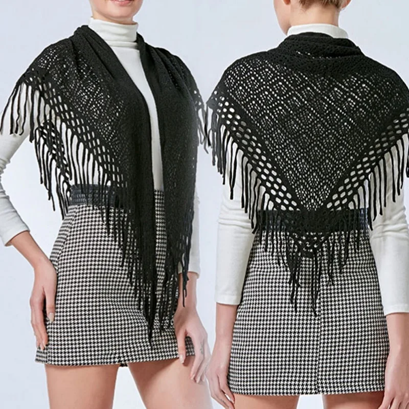 Fashion Solid Color Air Conditioning Warm Wool Knitted Shawl Women Winter Cold Cashmere Fringed Flower Hollow Triangle Scarf T78 2