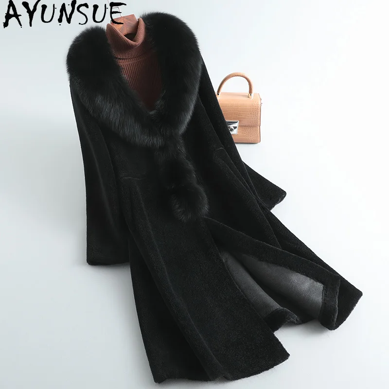 

AYUNSUE Real Fox Fur Collar Coat Women's 100% Sheep Shearing Jacket Women Long Black Wool Jackets Winter Monteau Femme Sqq1146