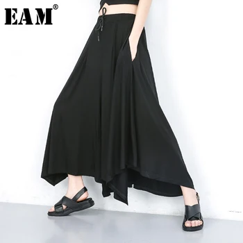 

[EAM] High Elastic Waist Black Leisure Wide Leg Long Trousers New Loose Fit Pants Women Fashion Tide Spring Autumn 2020 JU667