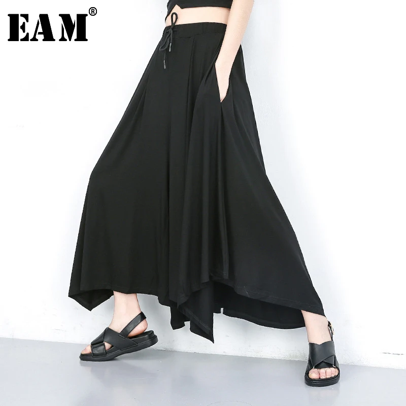 

[EAM] High Elastic Waist Black Leisure Wide Leg Long Trousers New Loose Fit Pants Women Fashion Tide Spring Autumn 2019 JU667
