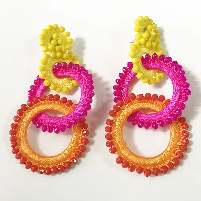 

2020 new fashion women long earrings 3-layer silk crystal beaded Circle handmade oorbellen ohemia style novel trend jewelry