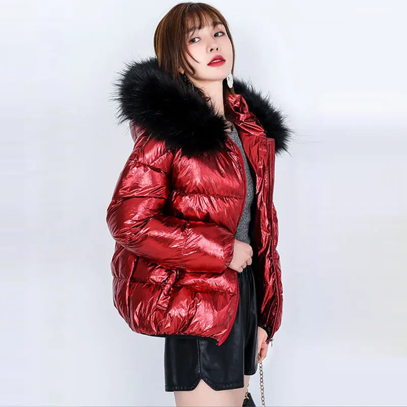 

2019 Glossy Down Cotton Coat Parka Winter Women Jacket Fur Hooded Winter Warm Thick Short Parka Winter Coat Jacket Women 544