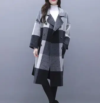 

Contrast plaid woolen coat female 2020 autumn winter warm windproof long overcoat plus size trench coat suit collar casaco top