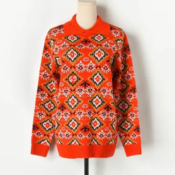

2019 orange jacquard button Polo long sleeve knitted sweater Pullover for women's m91040