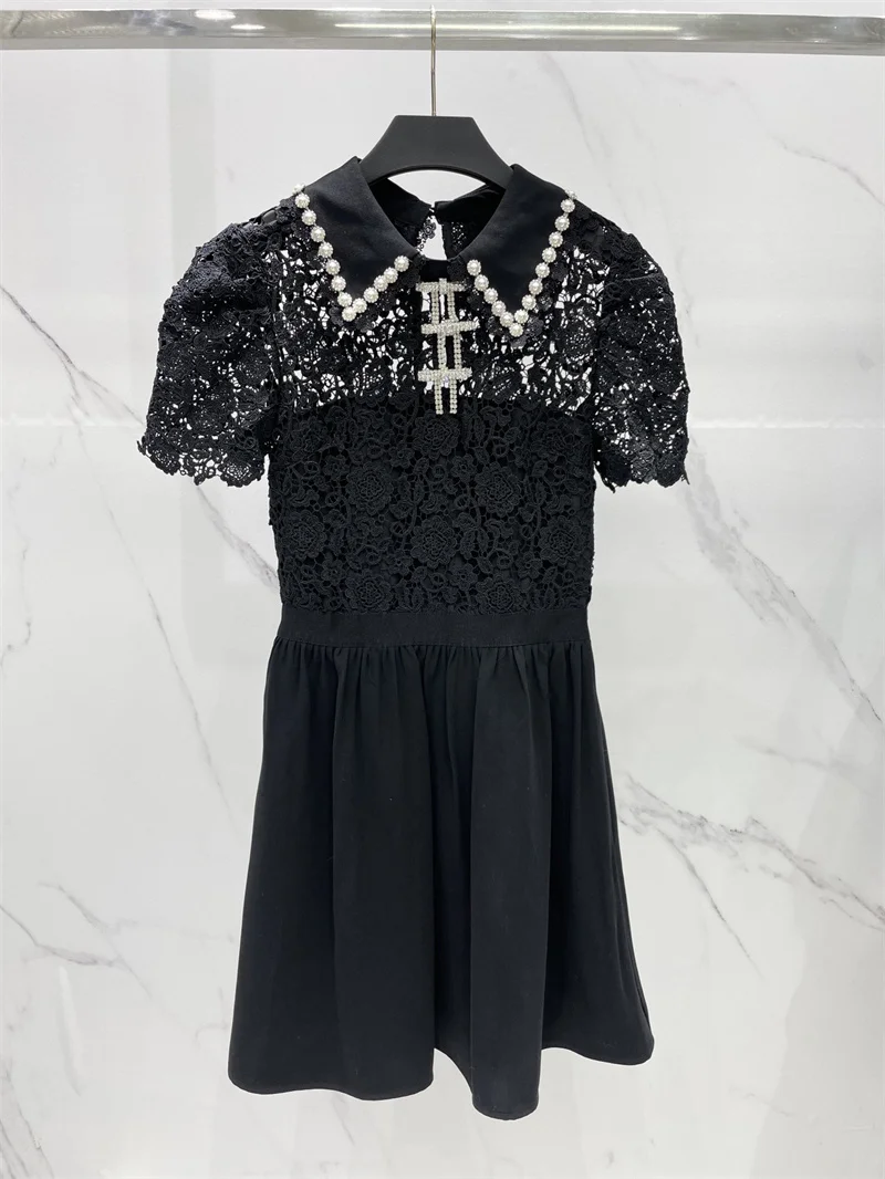 

2022 Spring New Short Sleeve Black Pearl Baby Face Lace Dress for Women