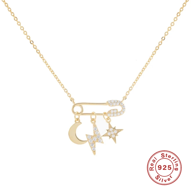 

BOAKO 925 Sterling Silver Paperclip Pin Pendant Necklaces For Women Star Moon Lightning Zircon Crystal Pendant Necklace Jewelry