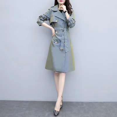 Blue gray Корейский элегантный длинный плащ женское классическое двубортное пальто высокого качества Тренч весенне-осенняя Модная тонкая верхняя одежда - Цвет: Blue gray