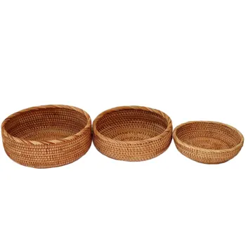 

Wicker Woven Round Basket Bread Tray Serving For Food Fruit Cosmetic Storage Tabletop Bathroom Storage Kitchen Organizer