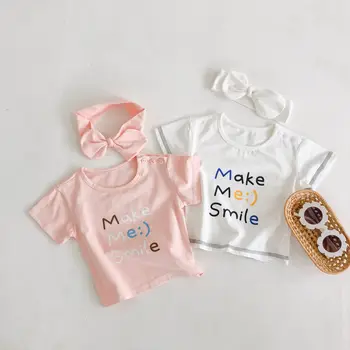 

2020 Summer Newborn Tops Baby Girls White T Shirts Korean Style Toddler Short Sleeve Cotton Smile Tees 0-2Y Infant Baby Clothes