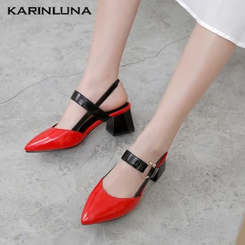 

KarinLuna 2020 New Fashion Women Sandals Square Heels Pointed Toe Metal Decoration Pumps Summer Dress Women Shoes