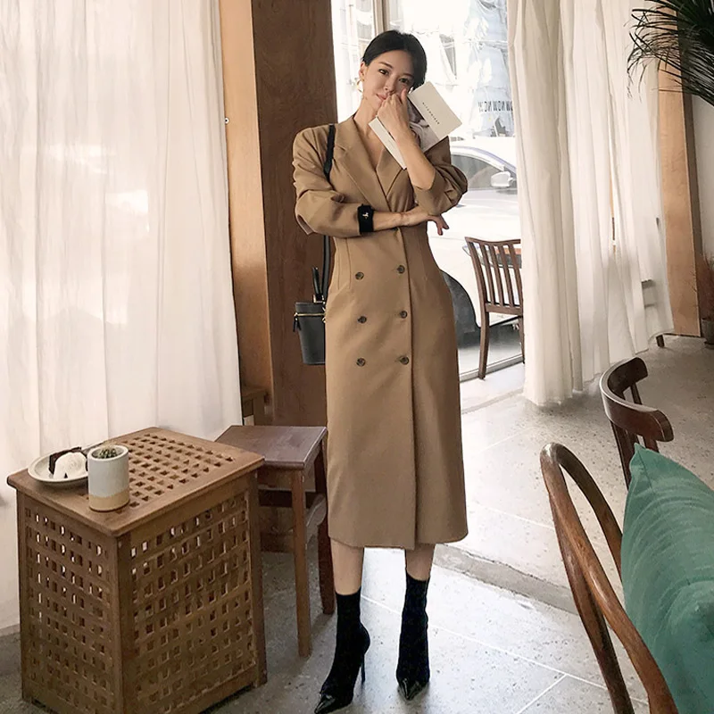 New Women dress Double Breasted Slim Elegant Pinch Pleated Sleeve Trench Dresses 670