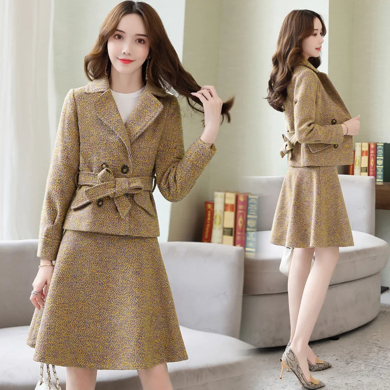 Autumn Winter Woman Jacket Skirt Suits 2 Piece Set Clothing for Women Double Breasted Blazer Skirt Suit Female Casual Outfits