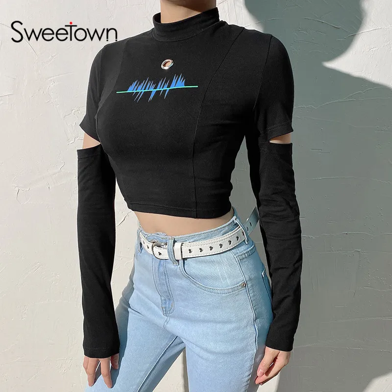 Sweetown/короткий топ с длинным рукавом и вырезами, водолазка, футболки, новинка, Осень-зима, женская черная футболка в стиле панк, готика - Цвет: black
