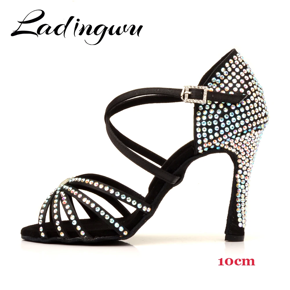 Ladingwu Customized Heel And Color Soft Woman Girls Soft Satin And Rhinestone Latin Salsa Ballroom Dance Shoes For Ladies
