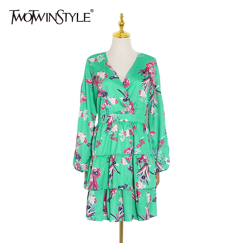 TWOTWINSTYLE Elegant Print Summer Dress Women V Neck Lantern Long Sleeve High Waist Hollow Out Mini Dresses Female Fashion Tide TWOTWINSTYLE Elegant Print Summer Dress Women V Neck Lantern Long Sleeve High Waist Hollow Out Mini Dresses Female Fashion Tide