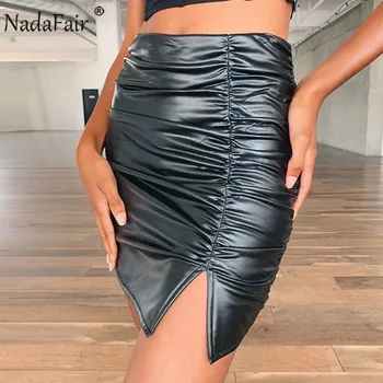 

Nadafair Black Mini Leather Skirt High Wist Ruched Sexy Bodycon Club Pu Plus Size Winter Skirt Women
